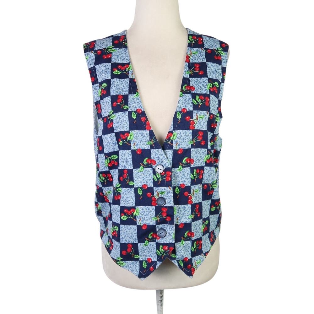 Vintage 90s Blue and Red Checker Cherry Print Vest M